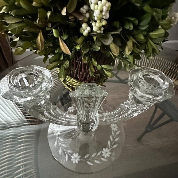 Tiffin-Franciscan Maritza Double Light Candle Holder-Candelabra Etched Floral - Picture 3 of 6